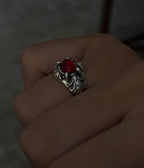 Red Stone Silver Carved Ring