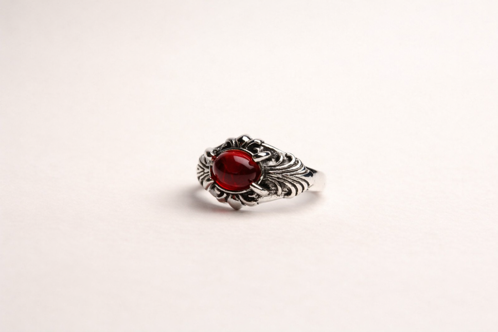 Red Stone Silver Carved Ring