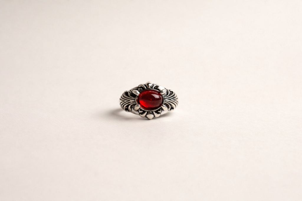 Red Stone Silver Carved Ring