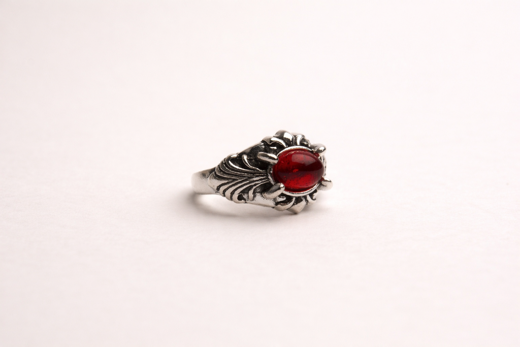 Red Stone Silver Carved Ring